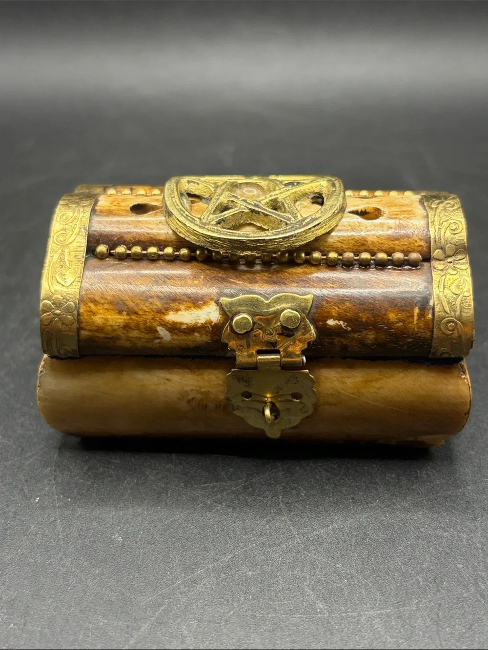 Vintage Bone & Brass Pentagram Star Trinket Treasure Box Hinged Jewelry Box